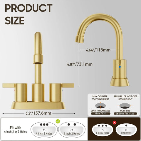 Brushed Gold 4 Inch Centerset Lead Free Bathroom Faucet With Two Handles Dope Swivel Spout Copper Pop Up Drain And Two Water Supply Lines For Easy Install And Clean Look product dimensions diagram
