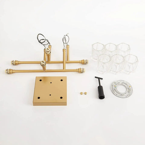 Parts layout of 6 Light Brushed Gold Semi Flush Mount Ceiling Light Fixture, Modern Sputnik Chandelier components.