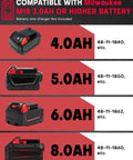 This Badass 6.5 Inch Cordless Circular Saw Packs An 8000 Rpm Brushless Motor Built For Milwaukee M18 Batteries Delivers Smooth Cuts And Serious Job Site Muscle Every Single Time: Image of compatible Milwaukee batteries 4.0AH to 8.0AH.