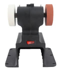 Cordless Mini Bench Grinder Compatible With 18V Battery Power And A Rock Solid Workbase That Stays Locked In Place So You Can Crush Through Stubborn Rust Without Any Pesky Vibration Buzz, showing two grinding wheels and a secure base.