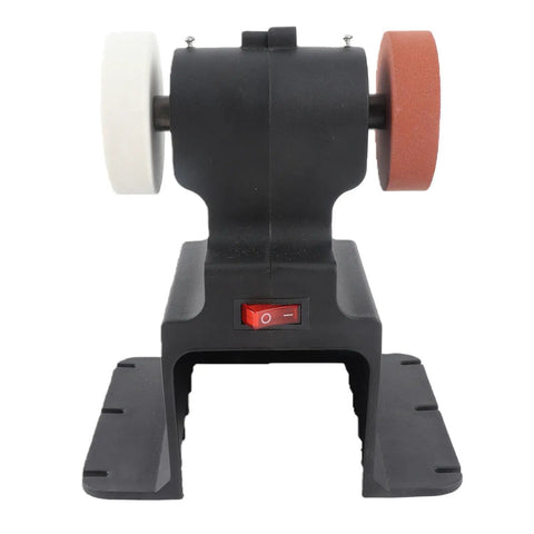 Cordless Mini Bench Grinder Compatible With 18V Battery Power And A Rock Solid Workbase That Stays Locked In Place So You Can Crush Through Stubborn Rust Without Any Pesky Vibration Buzz, showing two grinding wheels and a secure base.
