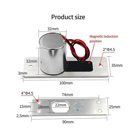 Tough As Nails Waterproof DC 12V Electronic Drop Bolt Door Lock With Normally Closed Magnetic Mortise Design showing dimensions and components.