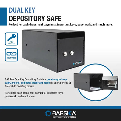 Double Key Lock Depository Safe With Drop Slot For Cash And Valuables, Steel Construction, Anti Fishing Baffle, Black Finish