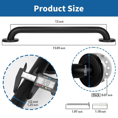 Hella Tough Stainless Steel Shower Grab Bars For Seniors And 12 Inch Anti Slip Bathroom Hand Rails showing dimensions and thickness.