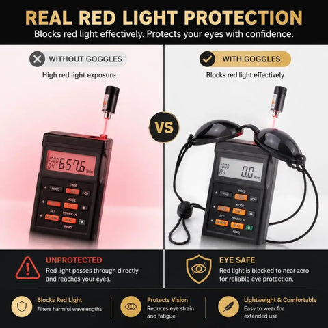 Comparison image showing Top Shelf 4 Pack Semi Clear Safety Glasses For Tanning Beds And Sunbeds No Sweat Adjust Red Light Therapy Goggles.