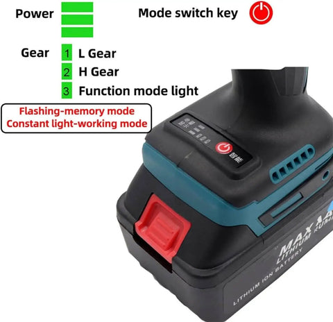 Heavy Duty Cordless Electric Rivet Nut Gun Featuring Automatic Pull Action showing battery control panel with power and mode indicators.