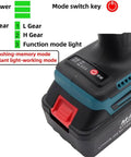 Heavy Duty Cordless Rivet Gun, Electric Automatic Rivet Nut Tool Kit With 5200mAh Battery control panel showing power and modes.