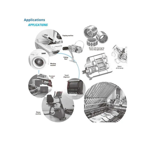 Applications of Top Shelf High Speed Needle Roller Bearing NA4826 130X165X35MM in various machines like washers and fitness equipment.