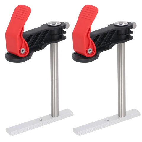 Two Pack Heavy Duty Stainless Steel Hold Down Clamps Featuring Slick Quick Release For Tough As Nails Woodworking Grip Zero Slip Safety And Smooth Operation On Any Workbench Table, showing red lever and metal base.
