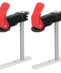 Two Piece Stainless Steel Hold Down Clamps Featuring Slick Quick Release Lever For Bench Dog Tslot Rack and Heavy Duty Woodworking Jig Tasks Rock Solid Grip, side view with red levers.