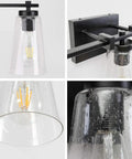Close-up of Vintage Industrial 3 Light Vanity Sconce in Black with Bubble Glass Shades and wrought iron for bathroom.