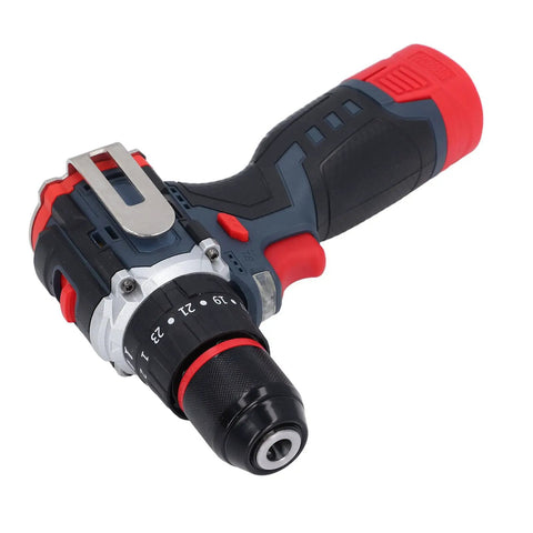 Close-up of Heavy Duty 18V Cordless Drill Set With Brushless Motor And 80 Nm Torque, showing ergonomic handle and chuck.
