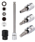 Ultimate 107 Piece Bit Socket Set with hex, Torx, tamper-proof sockets in S2 alloy and chrome vanadium, various sizes displayed.