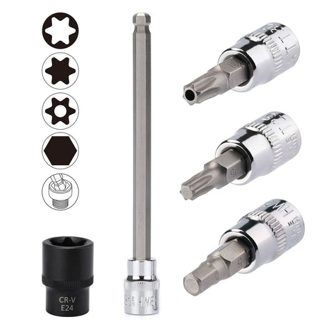 Ultimate 107 Piece Bit Socket Set with hex, Torx, tamper-proof sockets in S2 alloy and chrome vanadium, various sizes displayed.