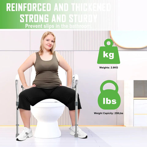 Rock Solid Adjustable Aluminum Toilet Safety Rail For Seniors Delivers Hella Stable Zero Stress Wall Mount and Grippy Anti Slip Handle That Safely Supports Two Hundred Fifty Pounds In Pure White with user sitting on toilet.