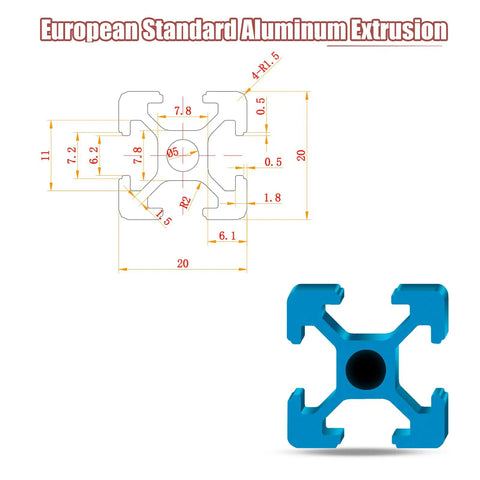 Premium Blue 2020 T Slot Aluminum Extrusion Profiles 48 Inch Long with dimensions, showcasing a cross-section design and profile details.