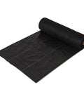 Pro-5 Heavy-Duty Weed Barrier Fabric 5 Oz Ground Cover Mat 6 By 250 Feet roll, black material, used for landscaping and raised garden beds.