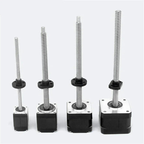 Badass NEMA Hybrid Micro Leadscrew Stepper Motor With Tight Trapezoidal T5 T8 Thread Linear Screw Design displayed in a lineup of four sizes.