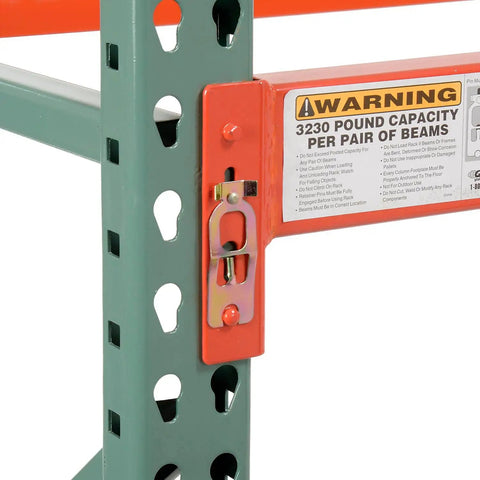 Close-up of Heavy Duty Teardrop Pallet Rack Add On Unit connector, showing upright frame and beam pin lock for secure setup.