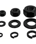 304 Stainless Steel Black Hex Nut Set With Flat Washer And Spring Washer Kit M2 Through M20 on white background