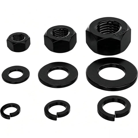 304 Stainless Steel Black Hex Nut Set With Flat Washer And Spring Washer Kit M2 Through M20 on white background