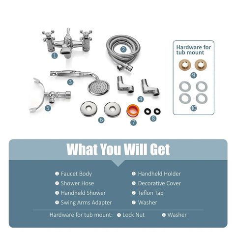 Components of the Polished Chrome Tub Filler And Wall Mount Faucet Set With Handheld Shower Sprayer laid out with labels