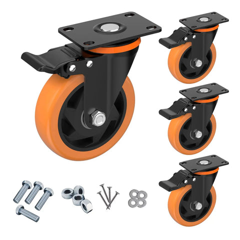 Sweet Rolling 4 Inch Caster Wheels Set Of 4 Heavy Duty Swivel Casters With Brake Built Tough As Nails Premium Steel Housing Orange locking caster wheel with black mounting plate.