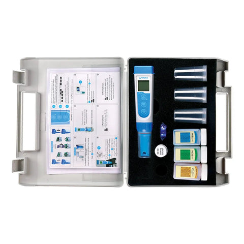 Pocket pH Tester Kit With Waterproof Body Replaceable Probe 0.01 pH Accuracy LCD Display Handheld pH Meter For Soil Water And Aquariums Rugged Easy Cal Premium Series in open case with accessories