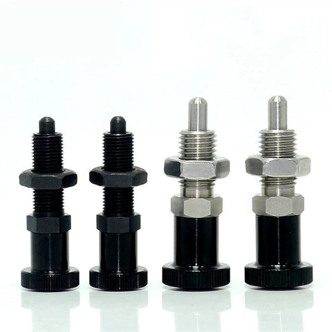 Heavy Duty Index Plunger With A Snug Hex Collar And Locking Aluminum Spring Knob Built Damn Tough For Rock Solid Precision Locating And Fast Screw Thread Install in black and silver.