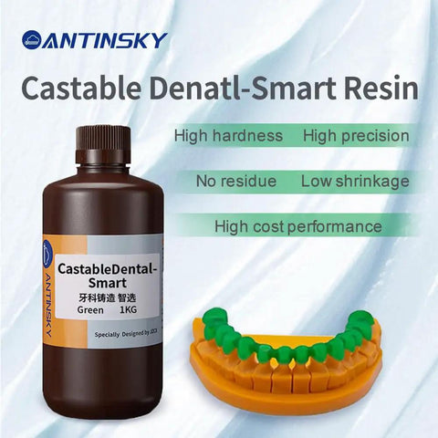 Kick Your Dental Lab Into High Gear With This Top Shelf Castable Resin For DLP LCD UV Curing 3D Printer Featuring Ultra Low Shrinkage And Near Zero Ash Residue For Dead On Precise Crown Castings In Vivid Green One Kilogram Pack alongside dental model and labeling.