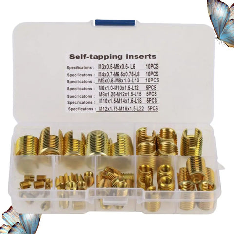 Solid 50 Piece Thread Repair Kit With M3 Slots Made From Tough Carbon Steel Self Tapping Tool That Fixes Stripped Screws And Restores Threads Like A Boss For Heavy Duty Jobs, case open with brass self-tapping inserts