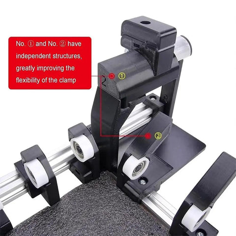 Close-up of Super Adjustable Manual Box Folding Aid For Shipping Cardboard Containers showing the adjustable clamp mechanism and rollers.