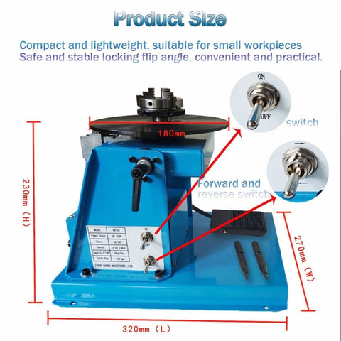 Slick Portable Welding Positioner Turntable with 180mm plate and switches for speed control, ideal for small metalwork projects.