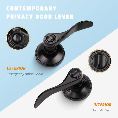Solid 10 Pack Matte Black Interior Door Knobs With Privacy Lever For Bedroom Doors showing exterior and interior views of the lever.
