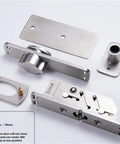 Heavy Duty Stainless Steel 360 Rotating Pivot Hinge For Invisible Doors displaying components and mount parts for installation.