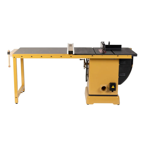 Heavy Duty 10 Inch Table Saw With Rolling Workbench, 50 Inch Rip Capacity, 5 Horsepower 3 Phase Motor side view showing cast iron table.