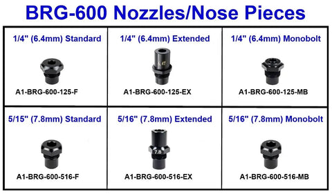 Heavy Duty Replacement Tapered End Tip For BRG 600 20V Cordless Blind Rivet Gun Smooth Precision Nozzle Adapter For Tight Corners And Recessed Areas Rock Solid Build To Nail Heavy Jobs Without Breaking A Sweat, featuring various nozzle types.