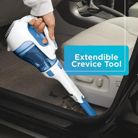 Slick Cordless Dustbuster Handheld Car Vacuum 12V used with extendable crevice tool cleaning car seat in tight space