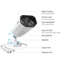 Rock Solid 5MP PoE Outdoor Security Cameras With Slick AI Person And Vehicle Detection Built Hella Tough For Extreme Weather Featuring Quick Ethernet Hookup And Seriously Crisp Video showing features like metal casing, lens, ports, and night vision.