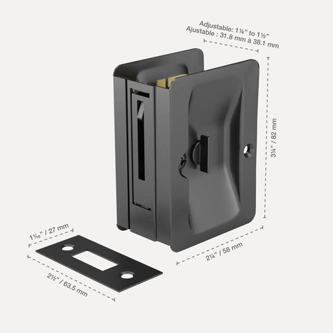 Onward Rectangular Pocket Door Pull With Privacy Lock, Black Finish, Adjustable Steel Construction, Three And A Quarter Inch