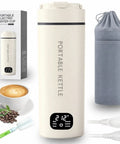 Image of Your Go-To Travel Kettle With LCD Touch Screen, Six Temperature Presets, 316 Stainless Steel, Dual Voltage 110V-240V, Auto Shut Off, Boil Dry Protection, Compact On-The-Go Kettle For Travel, showing kettle design and accessories.