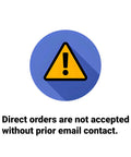 Warning icon with exclamation mark in a blue circle stating direct orders not accepted without prior email contact.