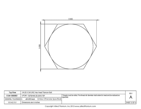 Top view technical drawing of Premium Grade 2 Titanium Hex Head Bolts 1/4-20 X 3/4 UNC Threads.