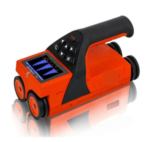 Portable stud finder wall scanner in bright orange for pinpointing electrical wiring, gas lines, and rebar thickness.