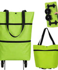 Slick Two In One Foldable Shopping Cart Featuring Smooth Rolling Wheels And Compact Collapsible Grocery Tote Plus Utility Hook, green canvas tote with wheels.