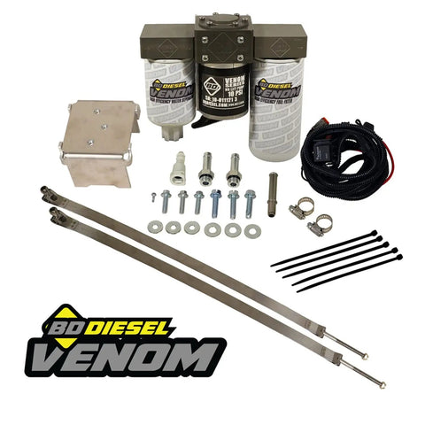 Upgraded Fuel Lift Pump Kit With Inline Filter And Water Separator For Gm 6 6 Liter Duramax Engines components including pump, filters, fittings and hoses.