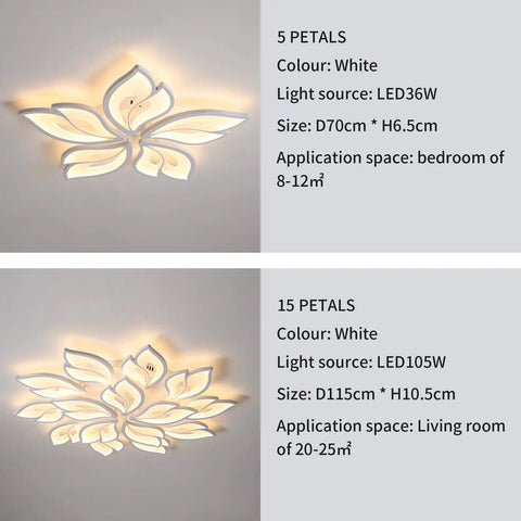 Two flower-shaped ceiling lights, each with multiple petals, LED, white; 5-petal for bedroom, 15-petal for living room.