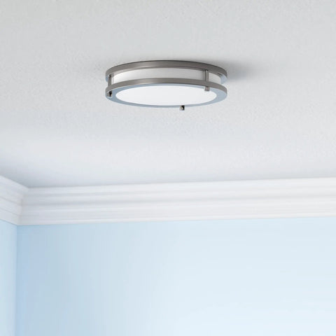 12 Inch Round LED Flush Mount Ceiling Light With 3 CCT Dimmable Settings, Low Profile Nickel Finish installed on ceiling