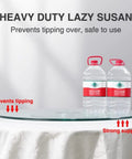 Real Deal Tempered Glass Lazy Susan Rotating Turntable Slick Bearing Swivel Serving Tray For Modern Kitchen And Dining Table Clear Glass Platter Eighty Inch Diameter on a table holding two water bottles.
