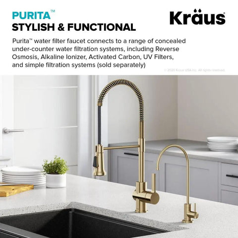 Kitchen Water Filter Faucet in Brushed Gold Standalone Beverage Faucet for On Demand Clean Water with Lead-Free Brass Body and Rust-Resistant Finish Model FF-100BG installed on kitchen counter.